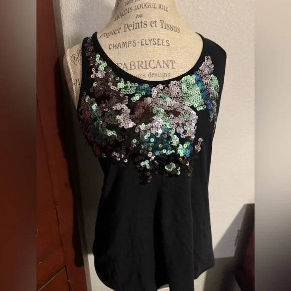 Express Small Black Green Silver Sequin Tank Top - Picture 10 of 14